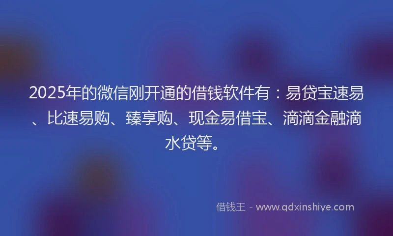 2025年的微信刚开通的借钱软件有：易贷宝速易、比速易购、臻享购、现金易借宝、滴滴金融滴水贷等。