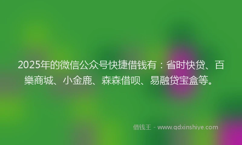 2025年的微信公众号快捷借钱有：省时快贷、百樂商城、小金鹿、森森借呗、易融贷宝盒等。