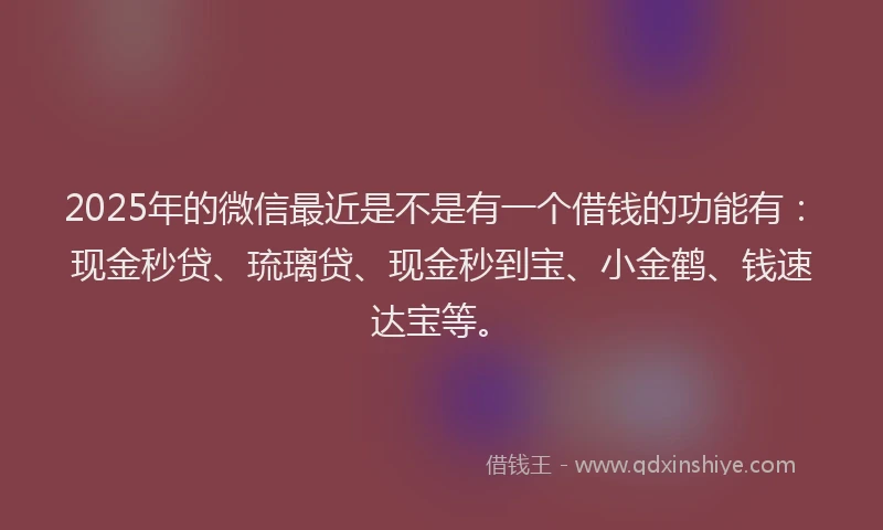 2025年的微信最近是不是有一个借钱的功能有：现金秒贷、琉璃贷、现金秒到宝、小金鹤、钱速达宝等。