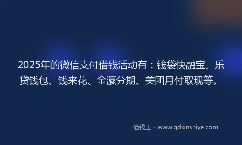 2025年的微信支付借钱活动有：钱袋快融宝、乐贷钱包、钱来花、金瀛分期、美团月付取现等。
