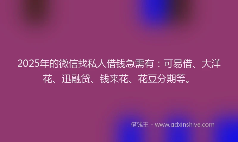 2025年的微信找私人借钱急需有：可易借、大洋花、迅融贷、钱来花、花豆分期等。