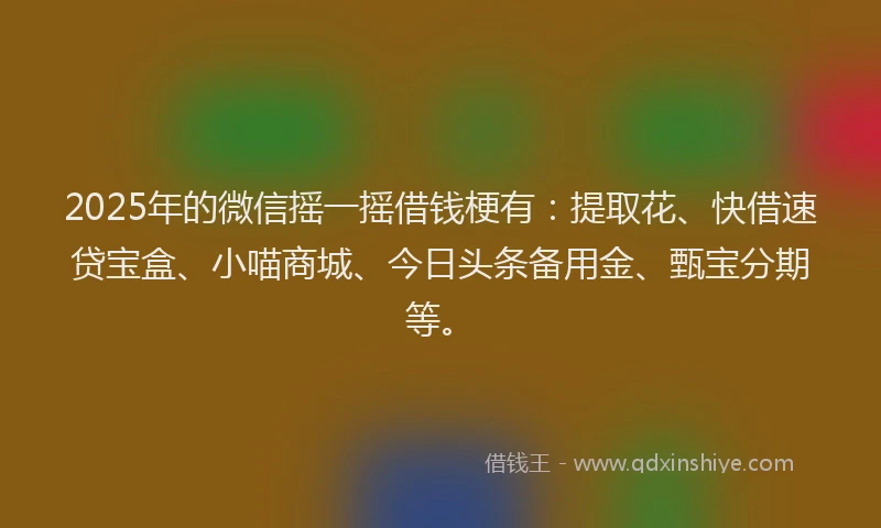 2025年的微信摇一摇借钱梗有：提取花、快借速贷宝盒、小喵商城、今日头条备用金、甄宝分期等。