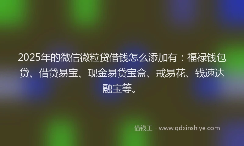 2025年的微信微粒贷借钱怎么添加有：福禄钱包贷、借贷易宝、现金易贷宝盒、戒易花、钱速达融宝等。