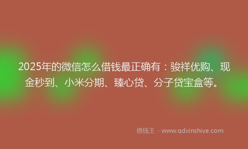 2025年的微信怎么借钱最正确有：骏祥优购、现金秒到、小米分期、臻心贷、分子贷宝盒等。