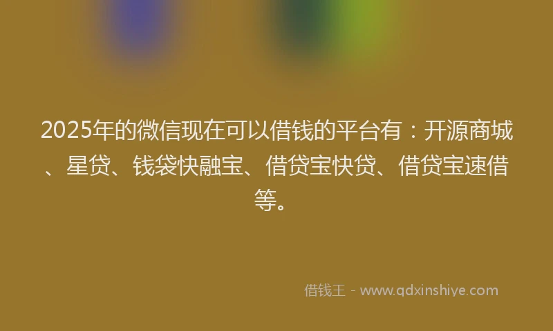 2025年的微信现在可以借钱的平台有：开源商城、星贷、钱袋快融宝、借贷宝快贷、借贷宝速借等。