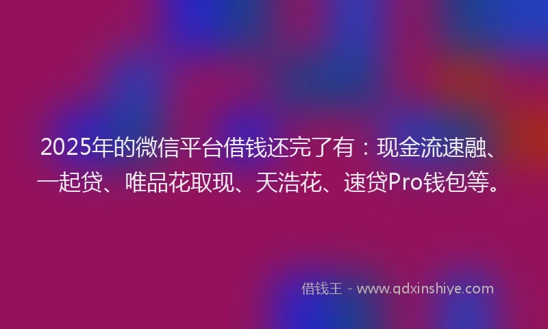 2025年的微信平台借钱还完了有：现金流速融、一起贷、唯品花取现、天浩花、速贷Pro钱包等。