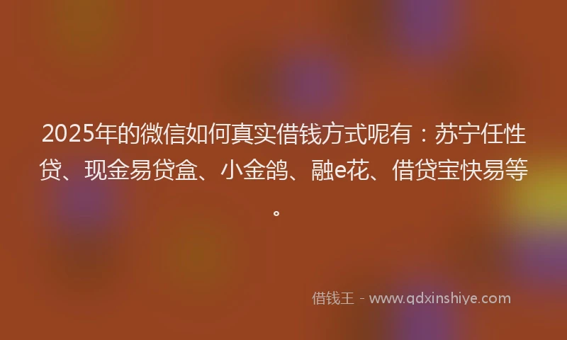2025年的微信如何真实借钱方式呢有：苏宁任性贷、现金易贷盒、小金鸽、融e花、借贷宝快易等。