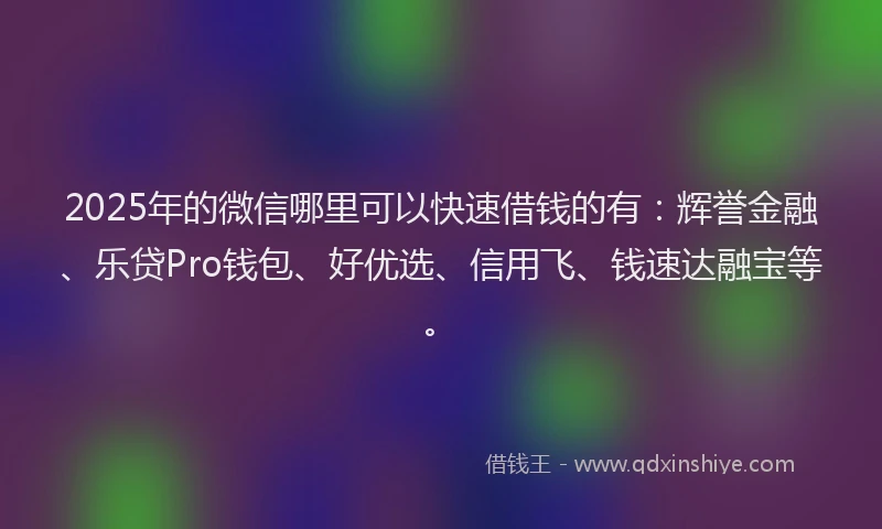 2025年的微信哪里可以快速借钱的有：辉誉金融、乐贷Pro钱包、好优选、信用飞、钱速达融宝等。