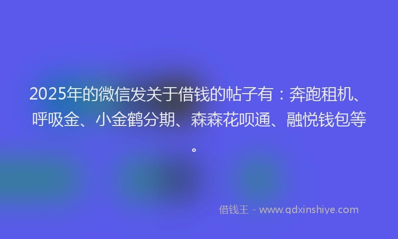 2025年的微信发关于借钱的帖子有：奔跑租机、呼吸金、小金鹤分期、森森花呗通、融悦钱包等。