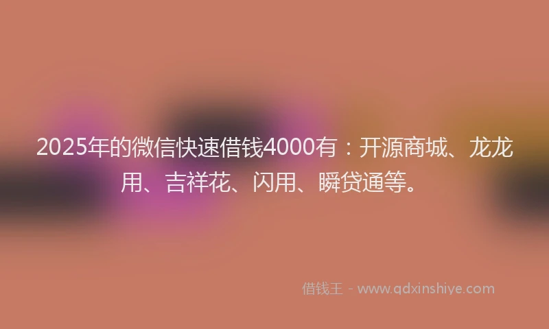 2025年的微信快速借钱4000有：开源商城、龙龙用、吉祥花、闪用、瞬贷通等。