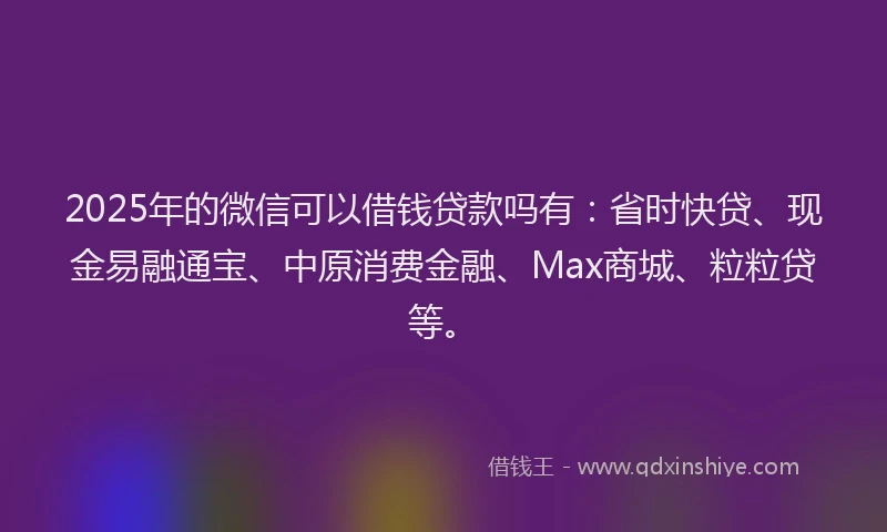 2025年的微信可以借钱贷款吗有：省时快贷、现金易融通宝、中原消费金融、Max商城、粒粒贷等。