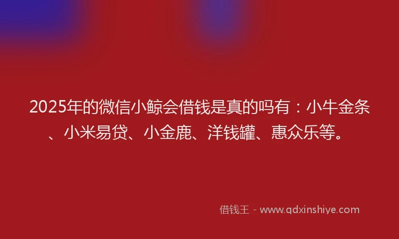 2025年的微信小鲸会借钱是真的吗有：小牛金条、小米易贷、小金鹿、洋钱罐、惠众乐等。