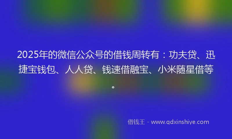 2025年的微信公众号的借钱周转有：功夫贷、迅捷宝钱包、人人贷、钱速借融宝、小米随星借等。