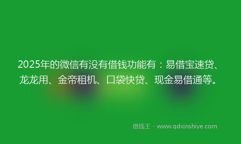 2025年的微信有没有借钱功能有：易借宝速贷、龙龙用、金帝租机、口袋快贷、现金易借通等。