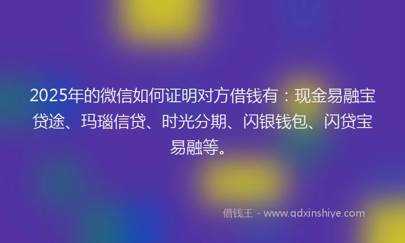 2025年的微信如何证明对方借钱有：现金易融宝贷途、玛瑙信贷、时光分期、闪银钱包、闪贷宝易融等。
