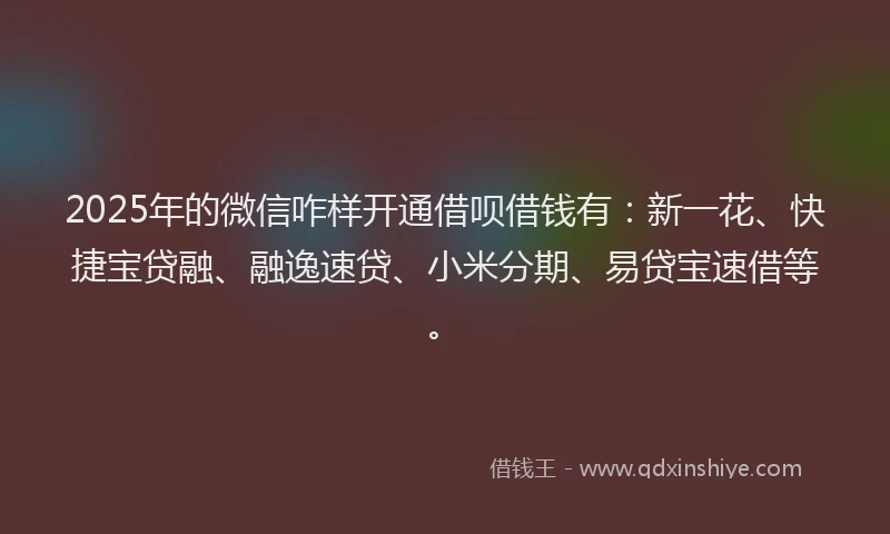 2025年的微信咋样开通借呗借钱有：新一花、快捷宝贷融、融逸速贷、小米分期、易贷宝速借等。