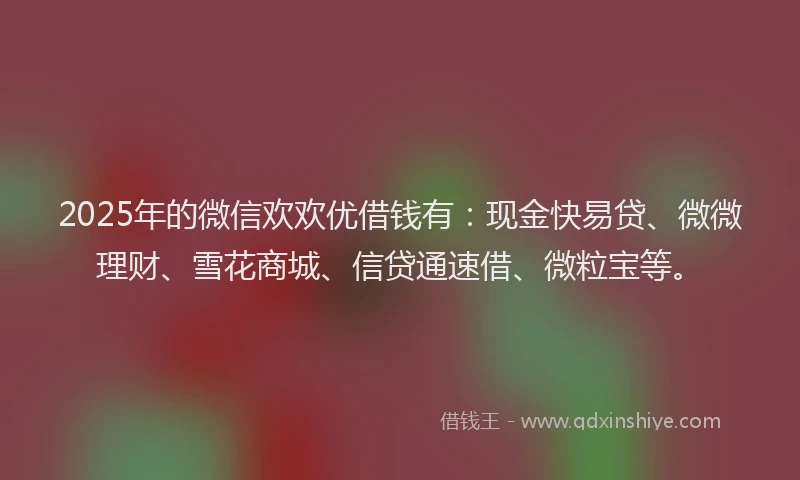 2025年的微信欢欢优借钱有：现金快易贷、微微理财、雪花商城、信贷通速借、微粒宝等。