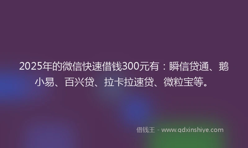 2025年的微信快速借钱300元有：瞬信贷通、鹅小易、百兴贷、拉卡拉速贷、微粒宝等。