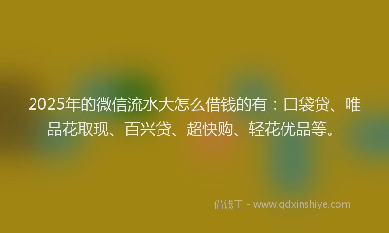2025年的微信流水大怎么借钱的有：口袋贷、唯品花取现、百兴贷、超快购、轻花优品等。
