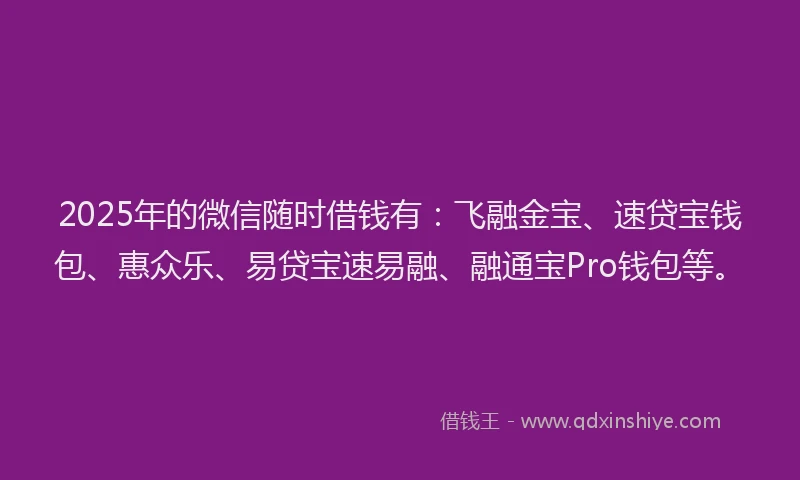 2025年的微信随时借钱有：飞融金宝、速贷宝钱包、惠众乐、易贷宝速易融、融通宝Pro钱包等。