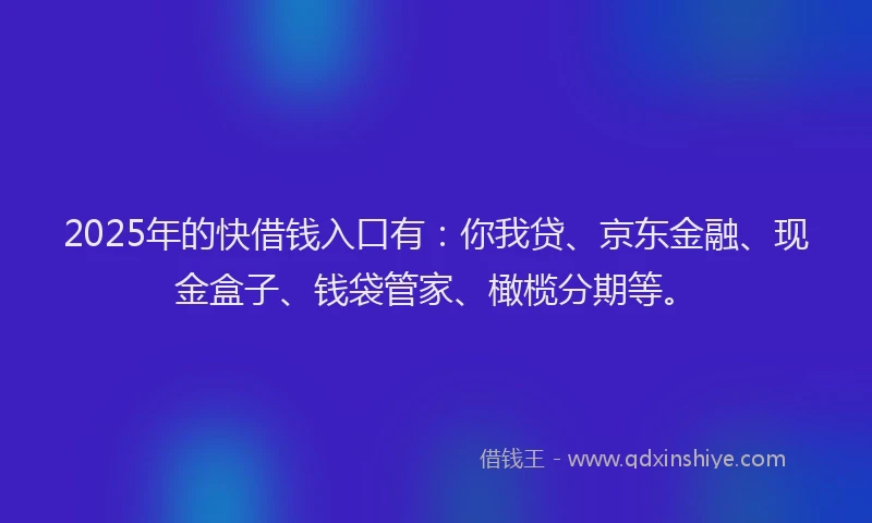 2025年的快借钱入口有：你我贷、京东金融、现金盒子、钱袋管家、橄榄分期等。