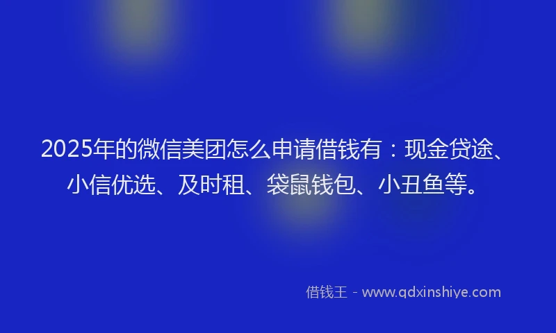 2025年的微信美团怎么申请借钱有：现金贷途、小信优选、及时租、袋鼠钱包、小丑鱼等。