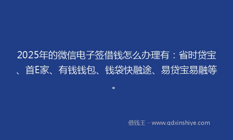 2025年的微信电子签借钱怎么办理有：省时贷宝、首E家、有钱钱包、钱袋快融途、易贷宝易融等。