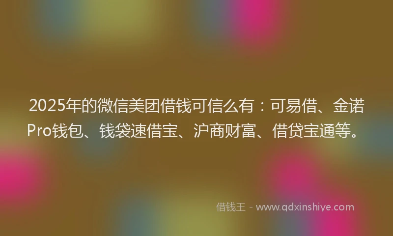 2025年的微信美团借钱可信么有：可易借、金诺Pro钱包、钱袋速借宝、沪商财富、借贷宝通等。