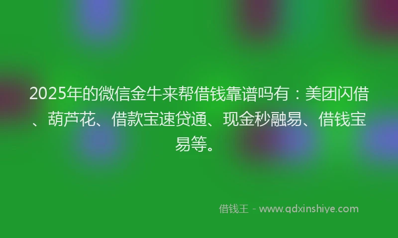 2025年的微信金牛来帮借钱靠谱吗有：美团闪借、葫芦花、借款宝速贷通、现金秒融易、借钱宝易等。