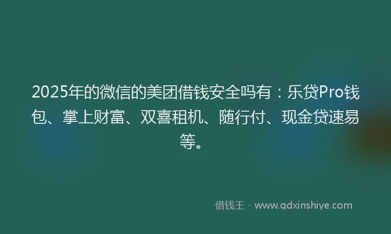 2025年的微信的美团借钱安全吗有：乐贷Pro钱包、掌上财富、双喜租机、随行付、现金贷速易等。