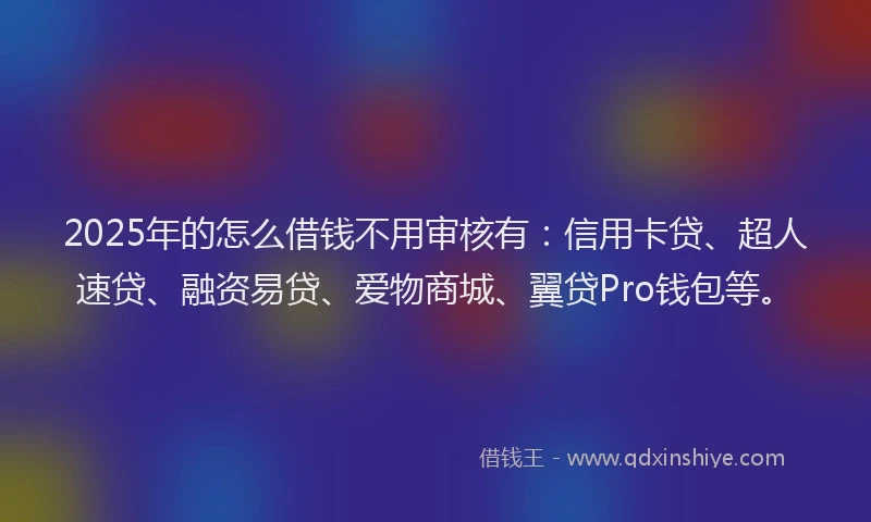 2025年的怎么借钱不用审核有：信用卡贷、超人速贷、融资易贷、爱物商城、翼贷Pro钱包等。