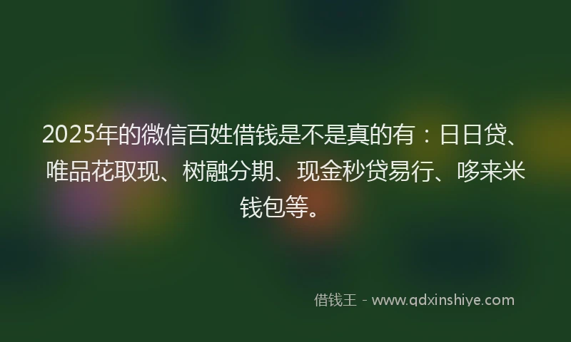 2025年的微信百姓借钱是不是真的有：日日贷、唯品花取现、树融分期、现金秒贷易行、哆来米钱包等。