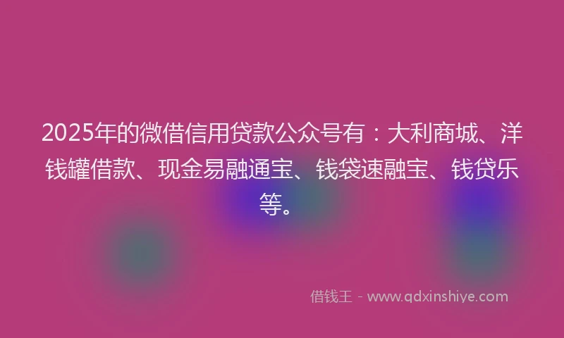 2025年的微借信用贷款公众号有：大利商城、洋钱罐借款、现金易融通宝、钱袋速融宝、钱贷乐等。