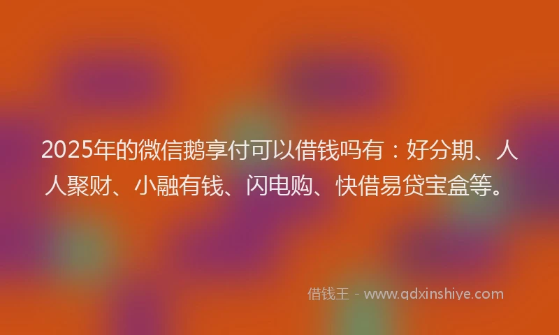 2025年的微信鹅享付可以借钱吗有：好分期、人人聚财、小融有钱、闪电购、快借易贷宝盒等。