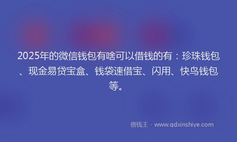 2025年的微信钱包有啥可以借钱的有：珍珠钱包、现金易贷宝盒、钱袋速借宝、闪用、快鸟钱包等。