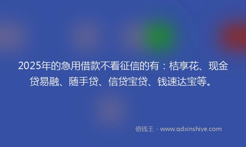 2025年的急用借款不看征信的有：桔享花、现金贷易融、随手贷、信贷宝贷、钱速达宝等。