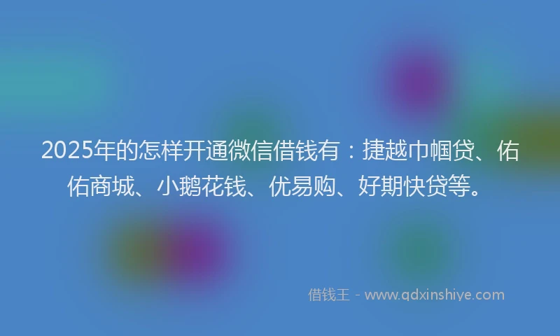2025年的怎样开通微信借钱有：捷越巾帼贷、佑佑商城、小鹅花钱、优易购、好期快贷等。