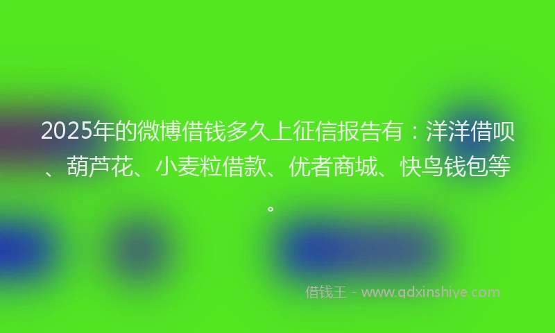 2025年的微博借钱多久上征信报告有：洋洋借呗、葫芦花、小麦粒借款、优者商城、快鸟钱包等。