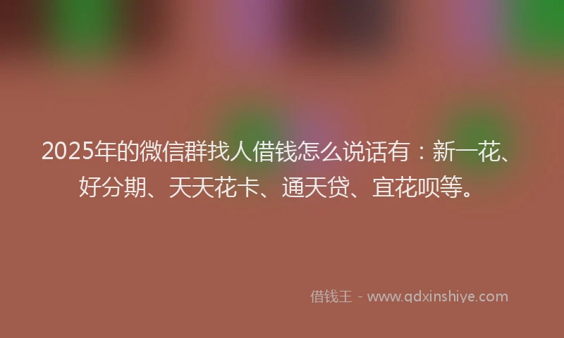 2025年的微信群找人借钱怎么说话有：新一花、好分期、天天花卡、通天贷、宜花呗等。
