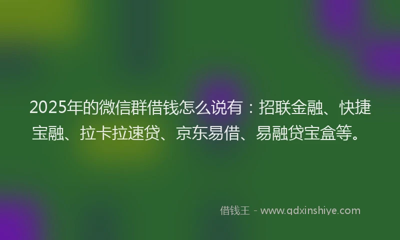 2025年的微信群借钱怎么说有：招联金融、快捷宝融、拉卡拉速贷、京东易借、易融贷宝盒等。