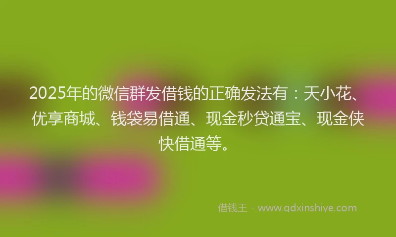 2025年的微信群发借钱的正确发法有：天小花、优享商城、钱袋易借通、现金秒贷通宝、现金侠快借通等。