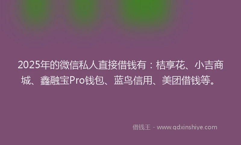 2025年的微信私人直接借钱有：桔享花、小吉商城、鑫融宝Pro钱包、蓝鸟信用、美团借钱等。