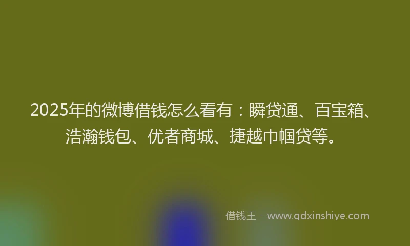 2025年的微博借钱怎么看有：瞬贷通、百宝箱、浩瀚钱包、优者商城、捷越巾帼贷等。