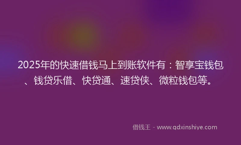 2025年的快速借钱马上到账软件有：智享宝钱包、钱贷乐借、快贷通、速贷侠、微粒钱包等。