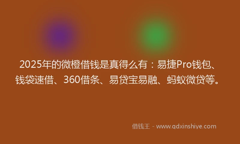 2025年的微橙借钱是真得么有：易捷Pro钱包、钱袋速借、360借条、易贷宝易融、蚂蚁微贷等。