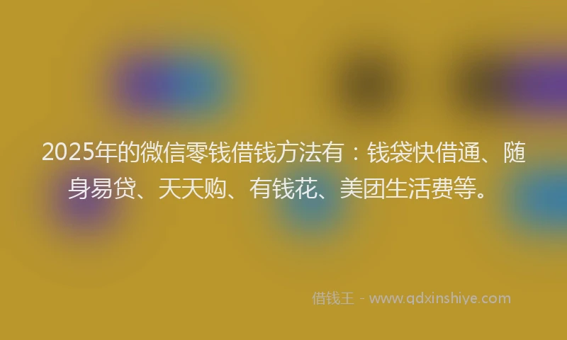 2025年的微信零钱借钱方法有：钱袋快借通、随身易贷、天天购、有钱花、美团生活费等。