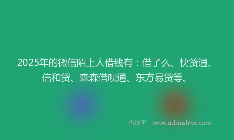 2025年的微信陌上人借钱有：借了么、快贷通、信和贷、森森借呗通、东方易贷等。