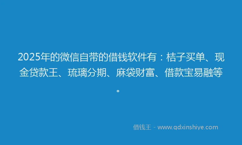2025年的微信自带的借钱软件有：桔子买单、现金贷款王、琉璃分期、麻袋财富、借款宝易融等。