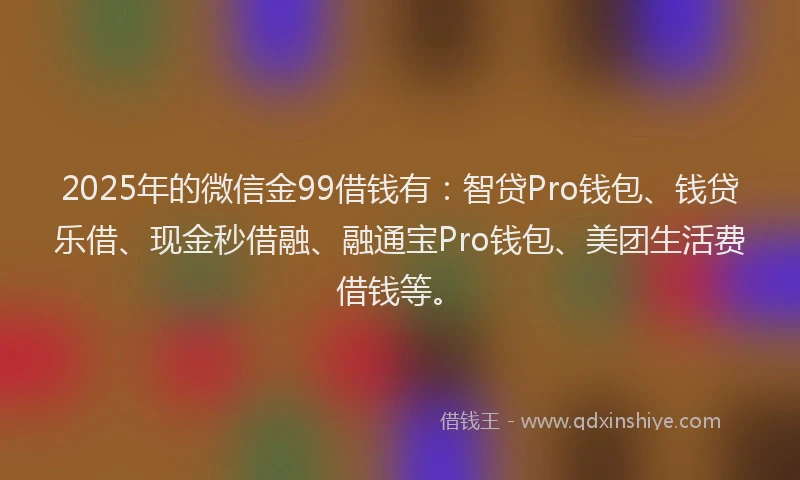 2025年的微信金99借钱有：智贷Pro钱包、钱贷乐借、现金秒借融、融通宝Pro钱包、美团生活费借钱等。