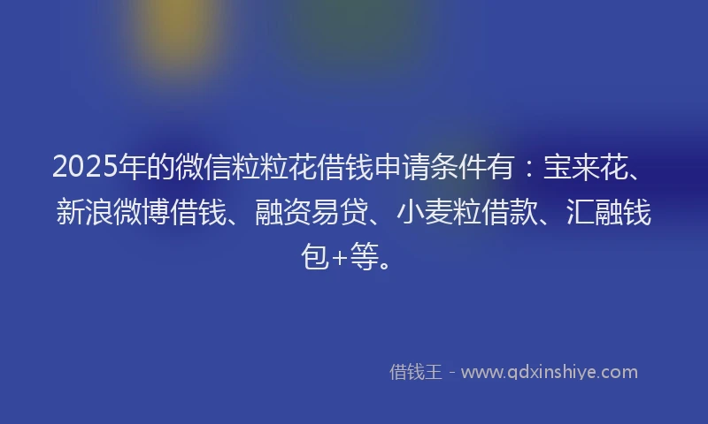 2025年的微信粒粒花借钱申请条件有：宝来花、新浪微博借钱、融资易贷、小麦粒借款、汇融钱包+等。